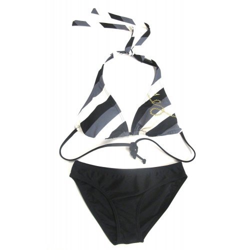 Speedo Damen Bikini Key West Triangle, Neckholder mit Schleife, Cups gefüttert, herausnehmbare Pads, mittlerer Beinausschnitt, sicherer Halt, chlorresistent, lichtecht, pflegeleicht, schwarz-weiss